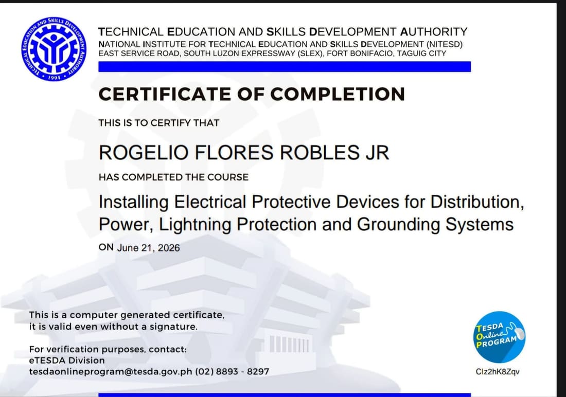 TESDA certificate: Installing Electrical Protective Devices for Distribution, Power, Lightning Protection and Grounding Systems