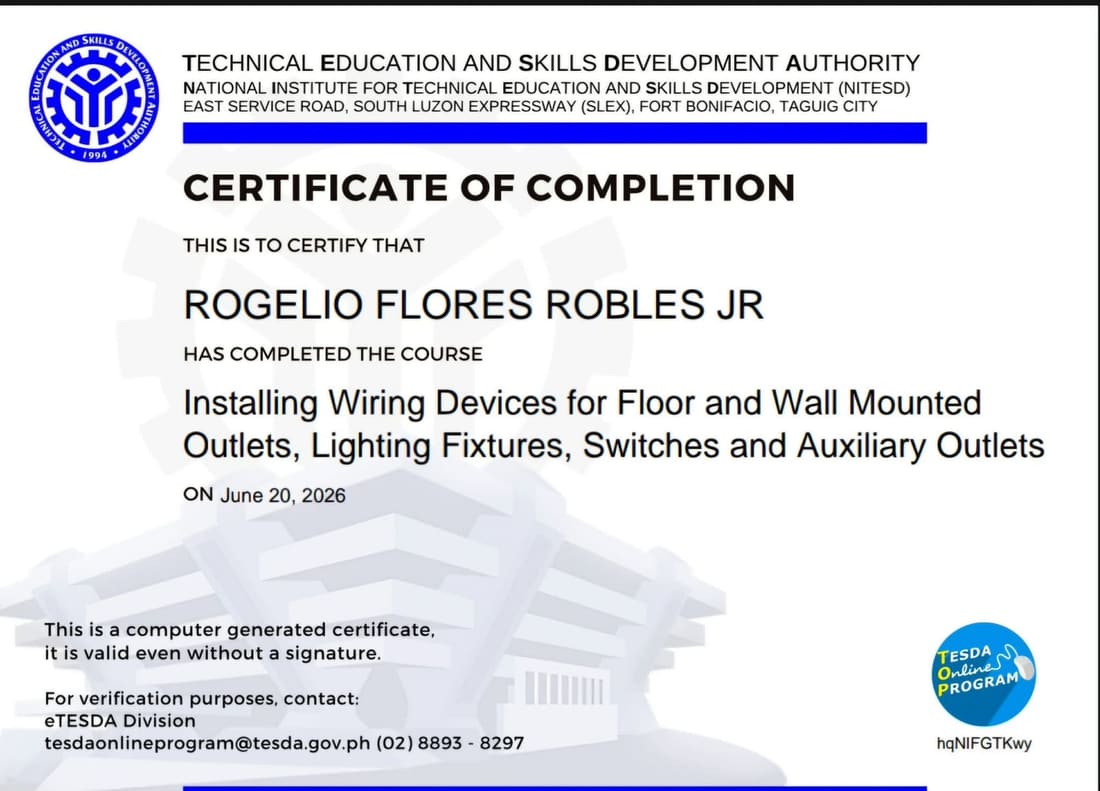 TESDA certificate: Installing Wiring Devices for Floor and Wall Mounted Outlets, Lighting Fixtures, Switches and Auxiliary Outlets